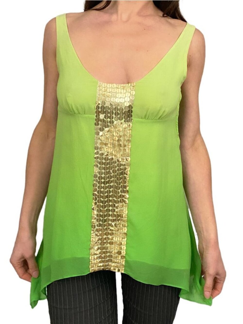 bcbgmaxazria lime green silk top with gold sequin embellishments